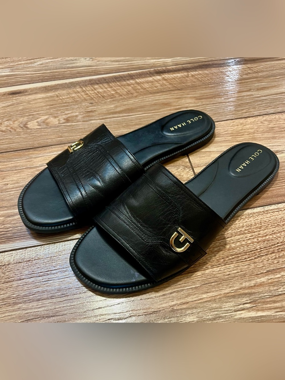 Cole Haan Black Leather Slide Sandals with Gold Accent